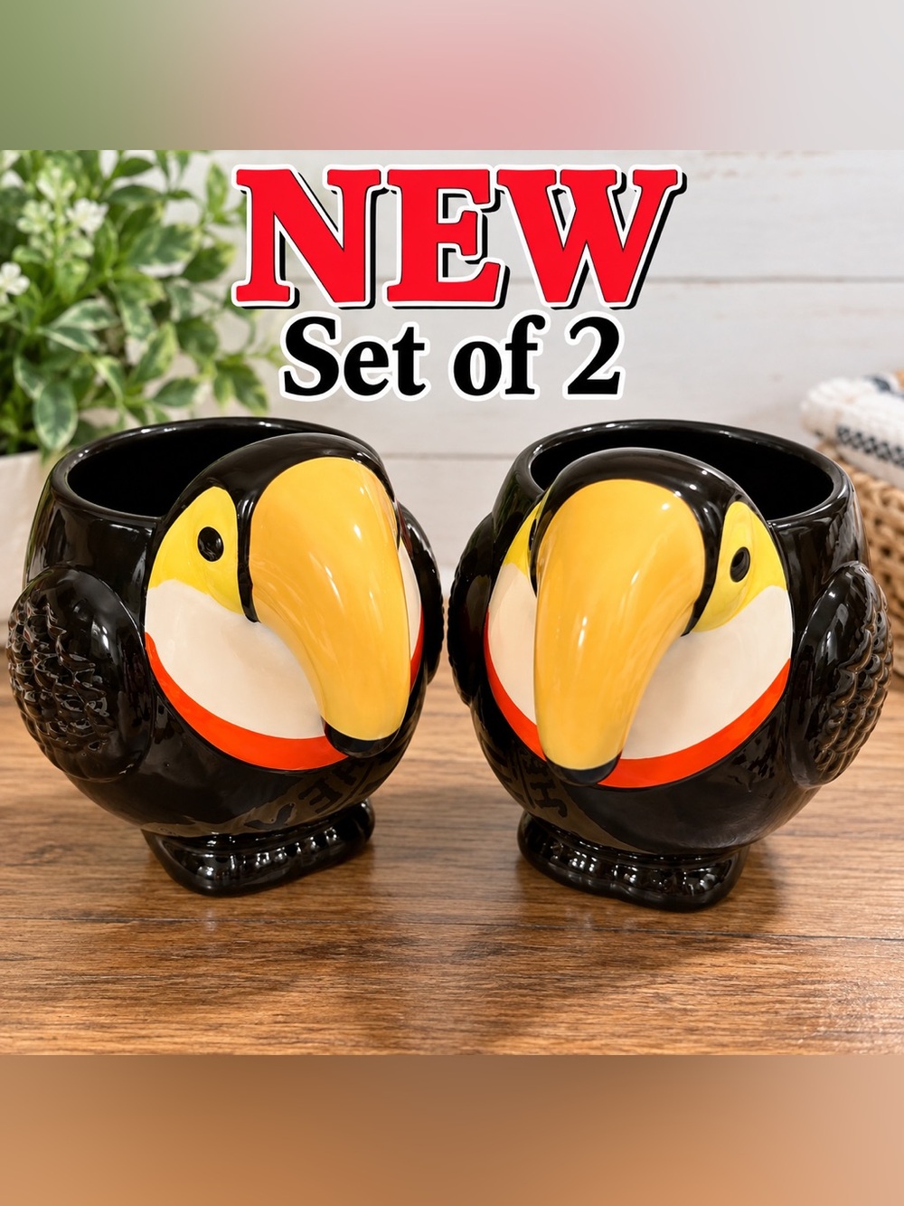 NEW Set of 2 Toucan Bird 3D Ceramic Mugs 20 Oz